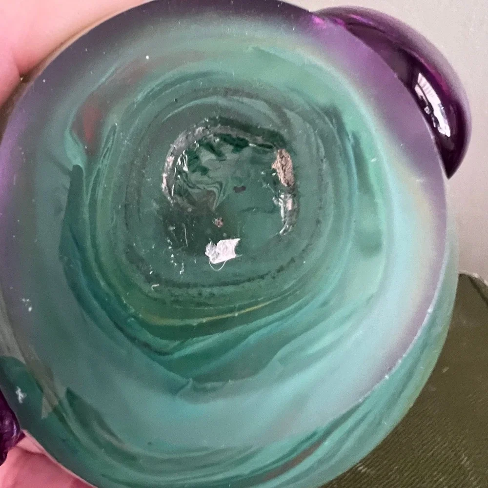 Art Glass Teapot Paperweight Teal Swirl Purple Spout Controlled Bubble Decor
